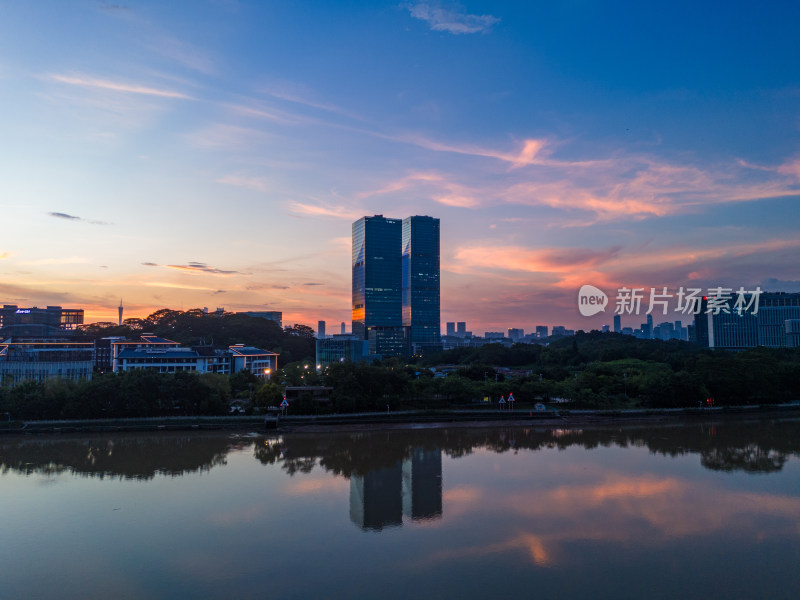 广州大学城生物岛日落夜景航拍