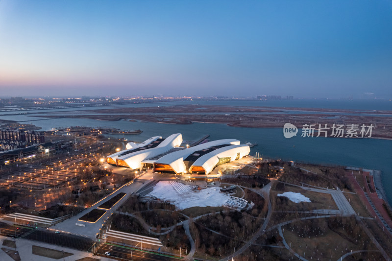 天津生态城南湾国家海洋博物馆城市夜景航拍