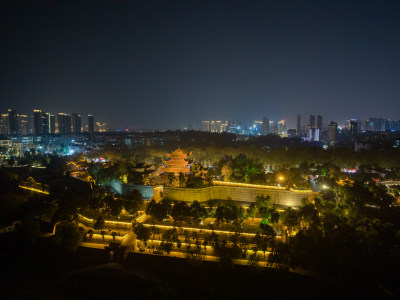 湖南岳阳岳阳楼景区岳阳楼夜景航拍