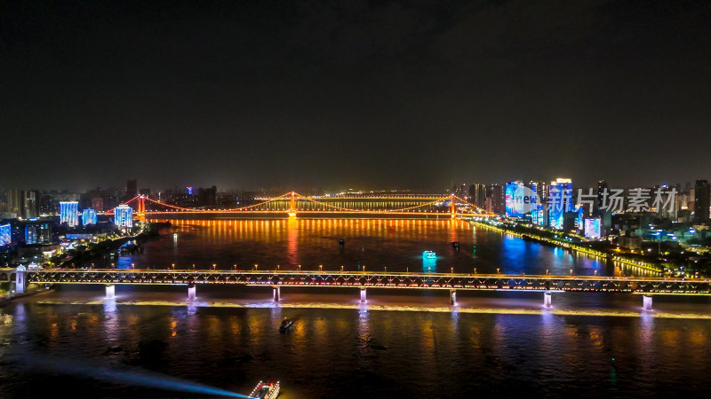 航拍湖北长江桥梁交通夜景