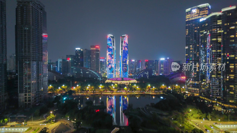 航拍成都天府新城成都双子塔夜景