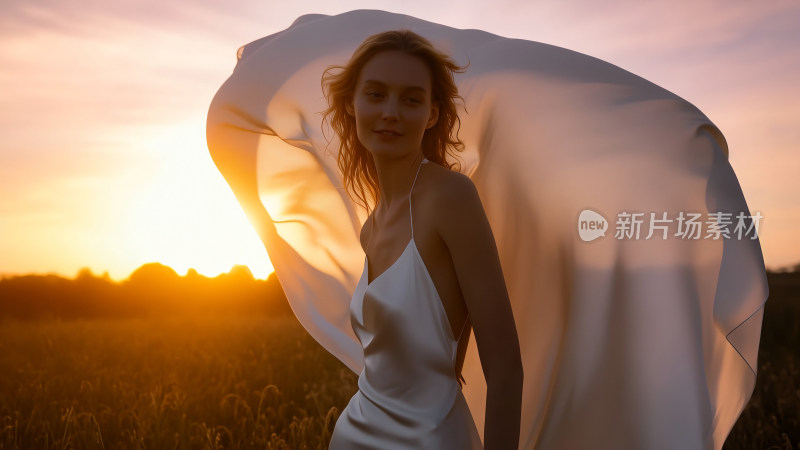 夕阳下女子披纱站立田野