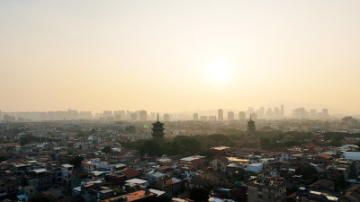 泉州东西塔航拍泉州西街开元寺夕阳日落风景