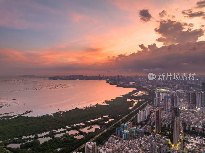 广东大湾区深圳前海湾涂滩日落城市夜景航拍