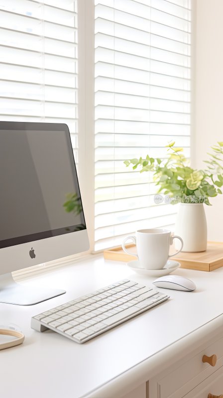现代简约办公桌上的电脑键盘和绿植