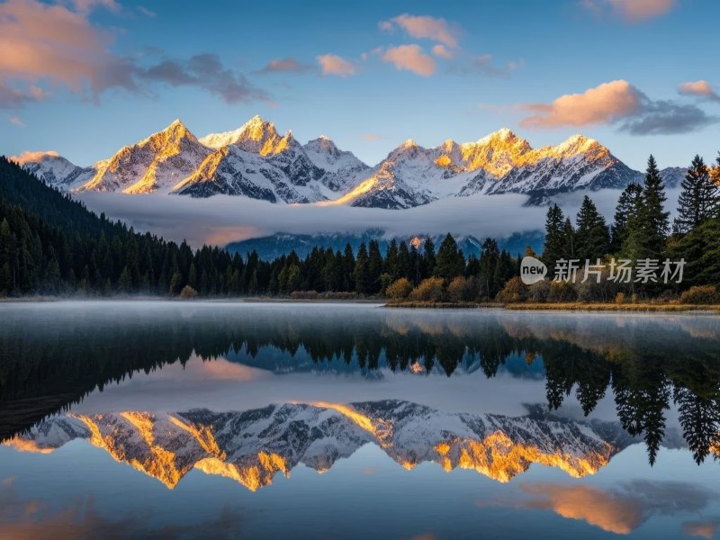 雪山湖泊的静谧倒影