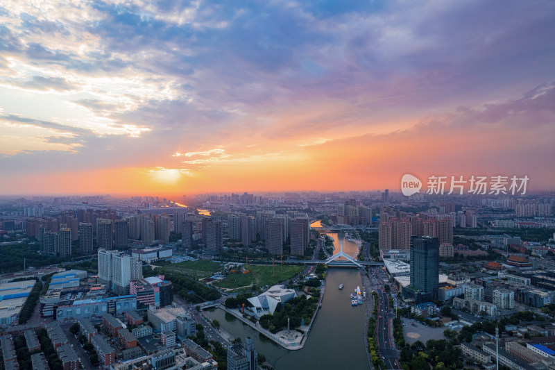 海河天津之眼旅游景区城市日落晚霞夜景航拍