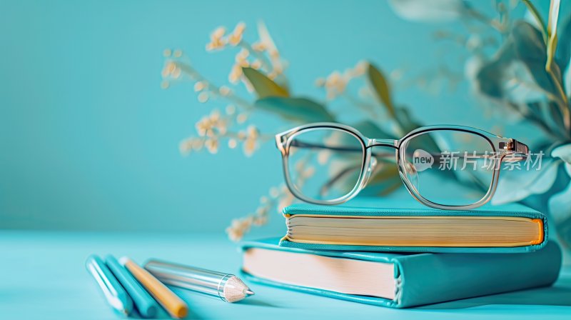 桌子上的文具和书籍眼镜