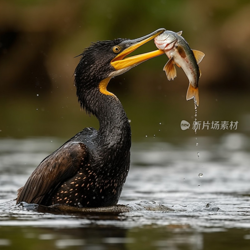 鸬鹚水中衔鱼瞬间抓拍