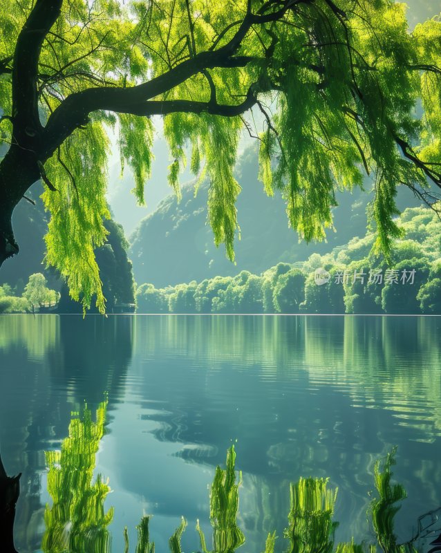 湖面垂柳柳枝水面倒影宁静唯美背景