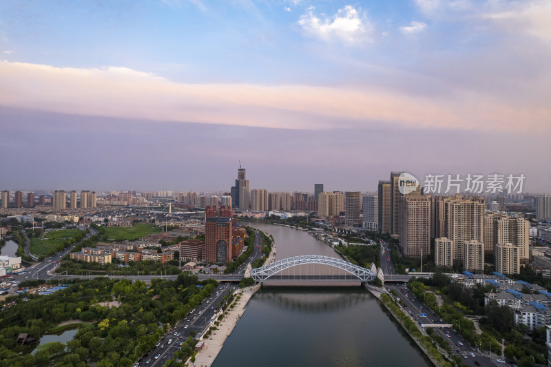 天津海河风景线国泰桥城市建筑日落夜景航拍