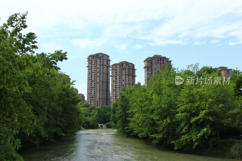 四川省成都市温江区江安河沿岸建筑风光