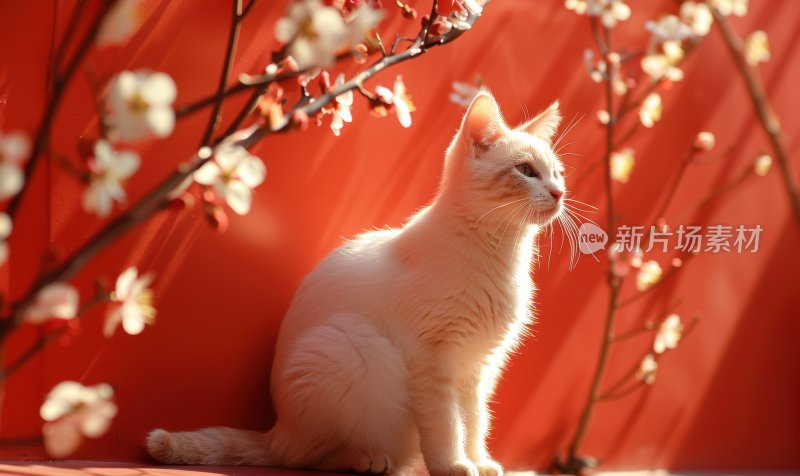 春日暖阳红墙白猫可爱猫咪晒太阳背景