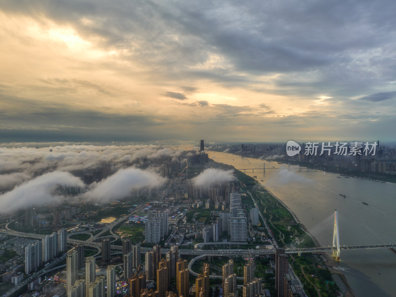 航拍夏季武汉暴雨后云雾中的城市风光