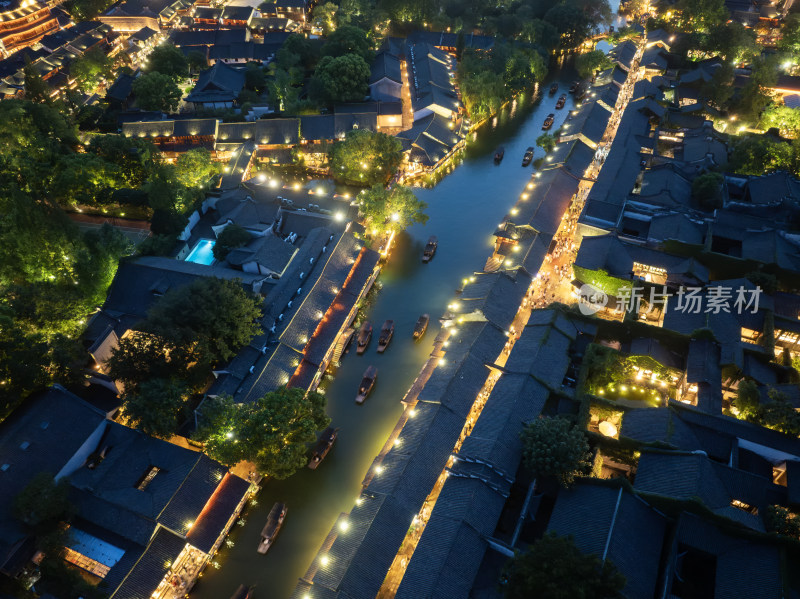 浙江嘉兴桐乡乌镇西栅景区江南水乡航拍夜景