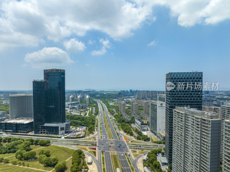 航拍夏季蓝天白云天空下苏州科技城城市风光