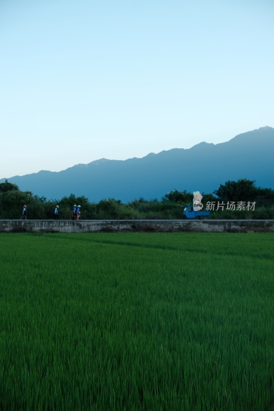 田野边行走的人群与远山