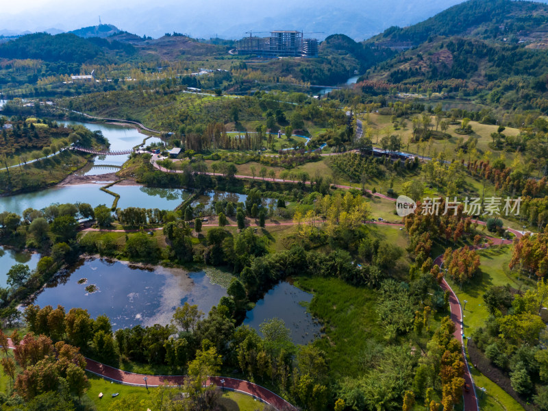 达州莲花湖湿地公园航拍图