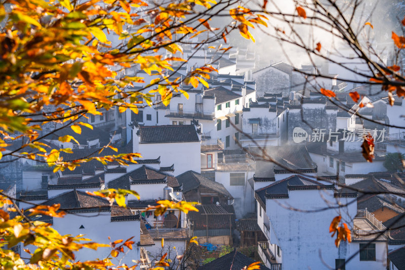 航拍江西婺源石城徽派建筑秋色枫叶村庄日出