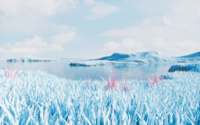 蓝色的草地与湖泊3D渲染