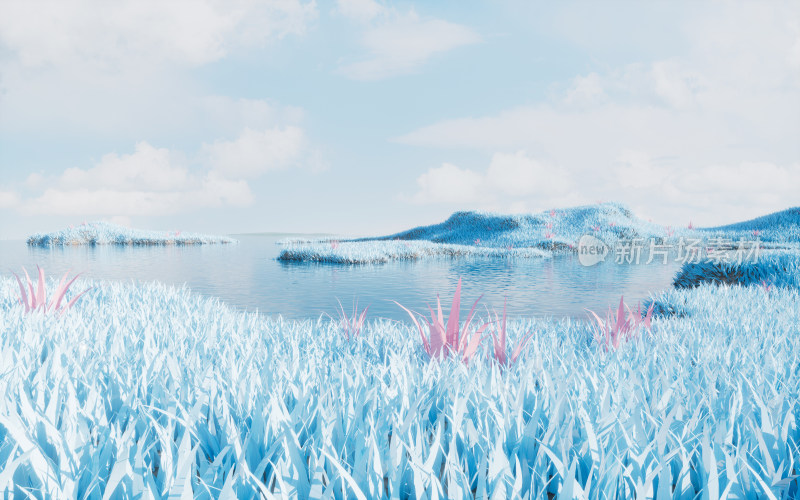 蓝色的草地与湖泊3D渲染
