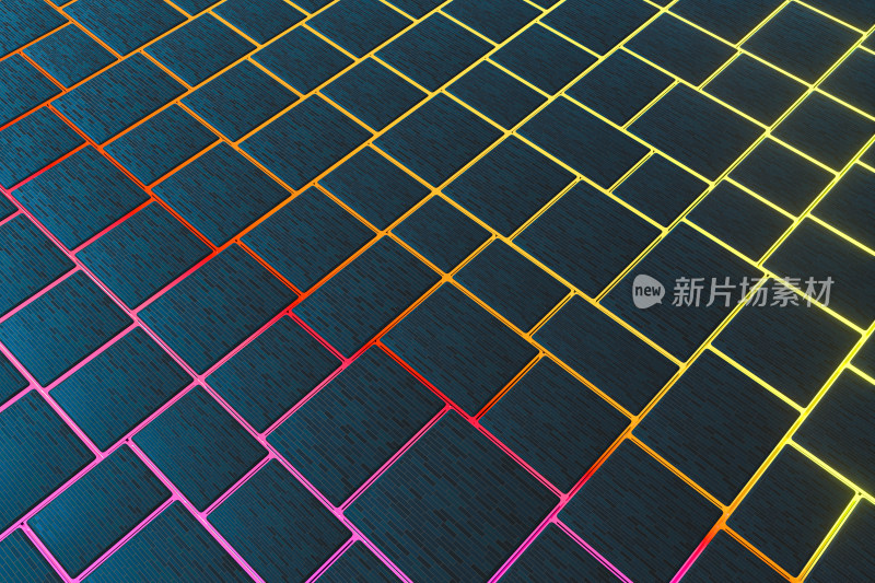 交错的方块与彩色发光线条 3D渲染
