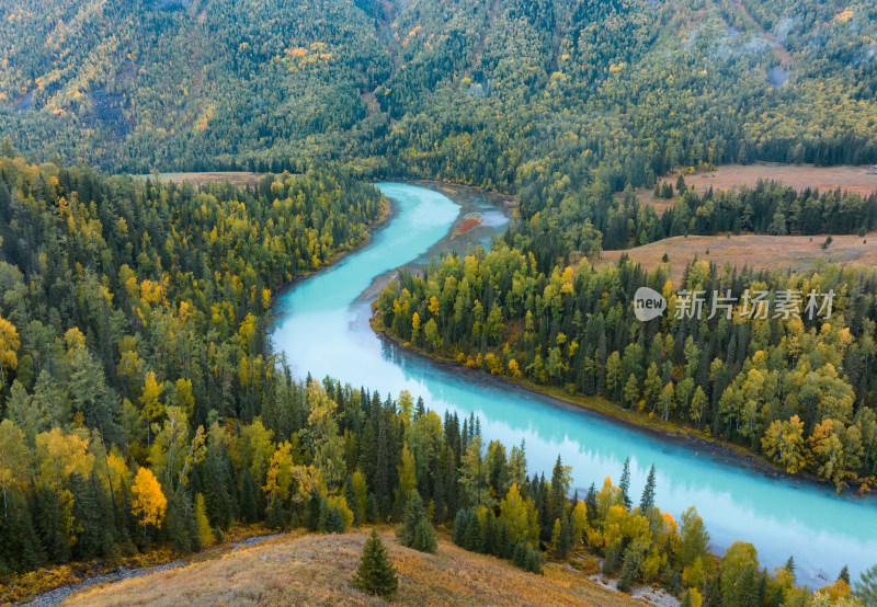 航拍新疆喀纳斯月亮湾秋景