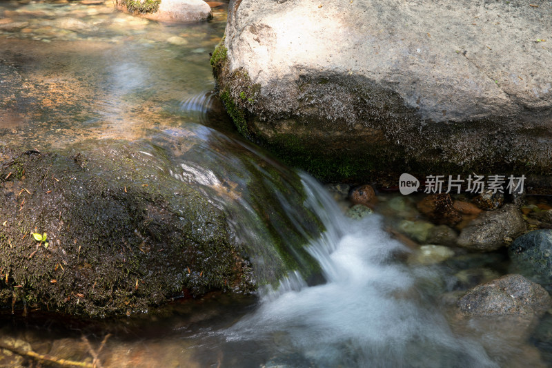 慢门拍摄夏季户外大山里流淌的溪流