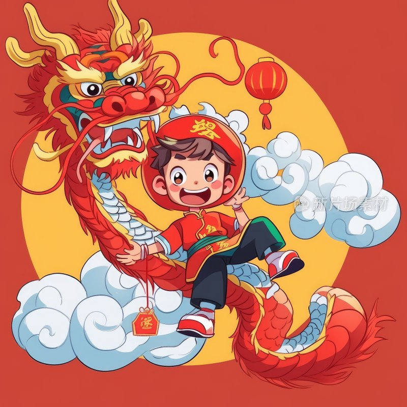 国潮插图，舞龙的小男孩