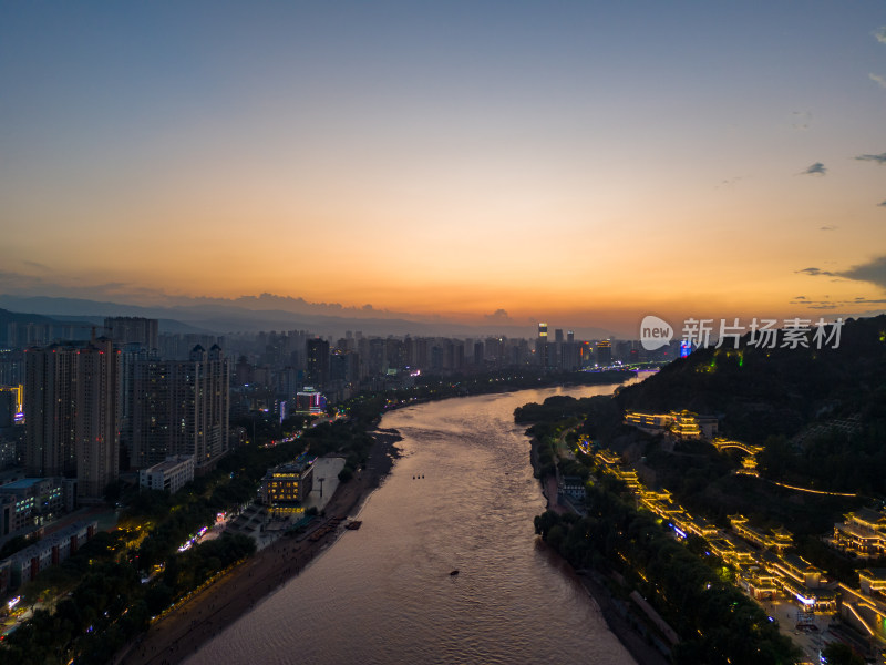 兰州城市夕阳夜景航拍图