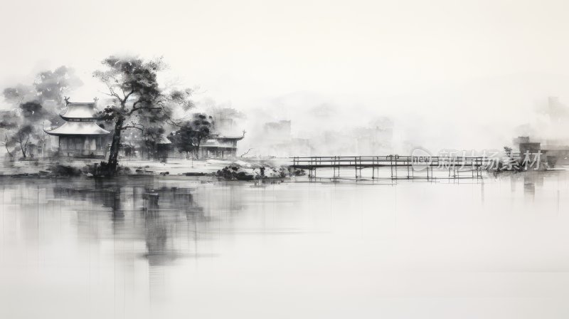 中国风水墨画，湖水和桥