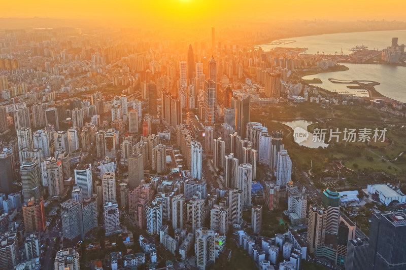 海南海口城市风光日落自贸港经济建设航拍