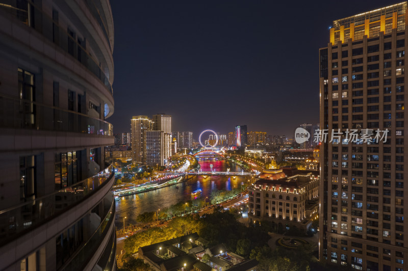 天津之眼摩天轮城市夜景航拍