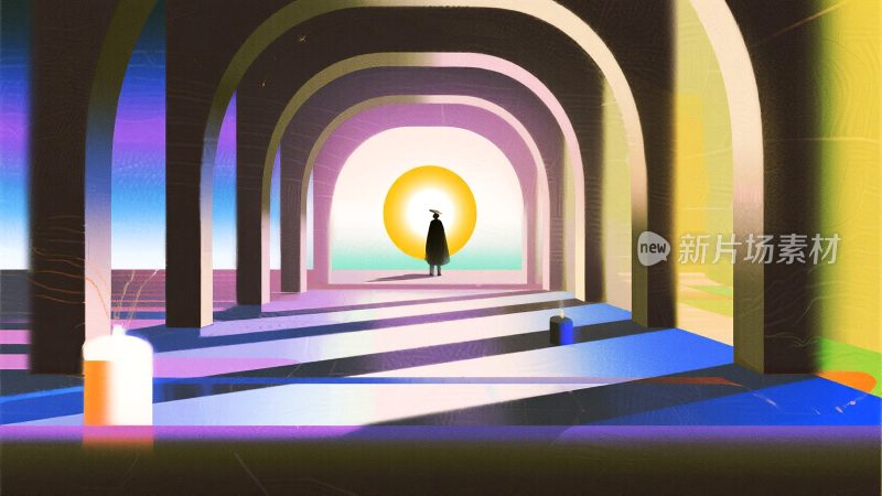 人物于拱形通道望向落日