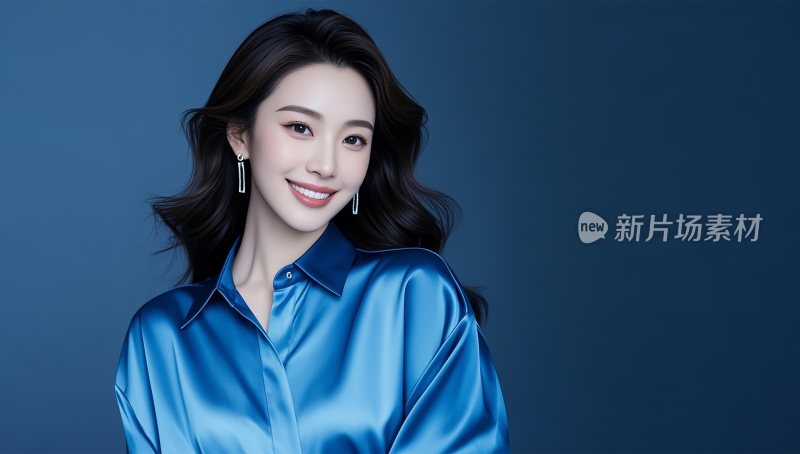 穿蓝衬衫微笑女性肖像