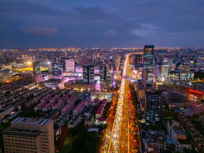 航拍上海杨浦五角场金融区夜景