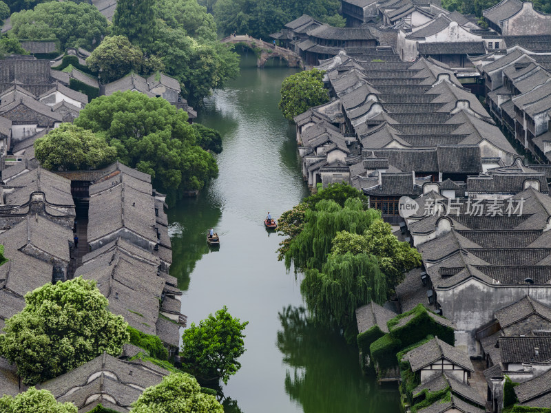 航拍江南水乡古镇乌镇全景