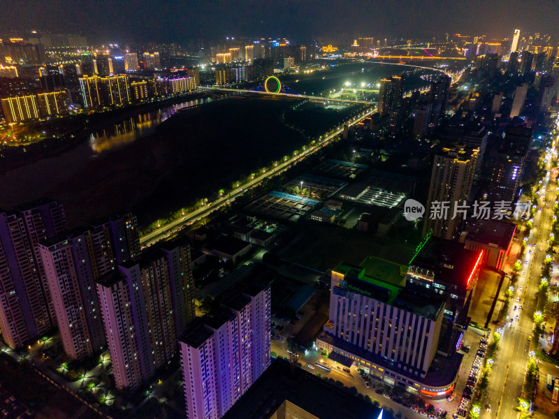 陕西宝鸡夜景交通航拍图