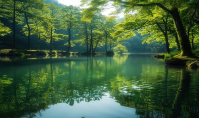 水面湖泊绿色自然宁静森林湖面背景