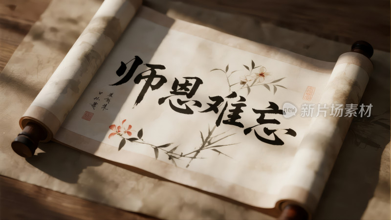 教师节师恩难忘毛笔字卷轴感恩文化背景图