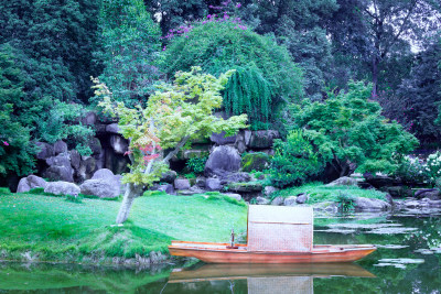 木船漂在水中 绿树 湖水 池塘