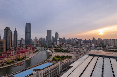 天津海河建筑津湾城市夜景日落晚霞风光