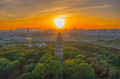 苏州虎丘山风景区日落航拍