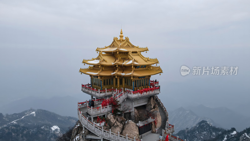 河南老君山飞雪中的千年古树冬季航拍