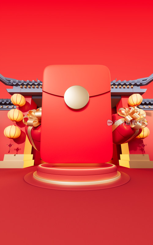 红包与中国风古风背景3D渲染