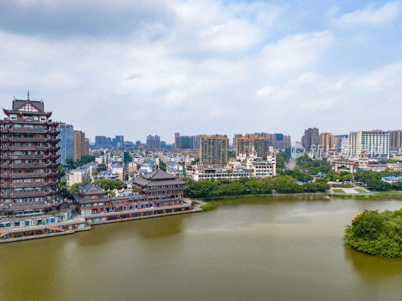 眉山远景楼河流周边风景航拍图