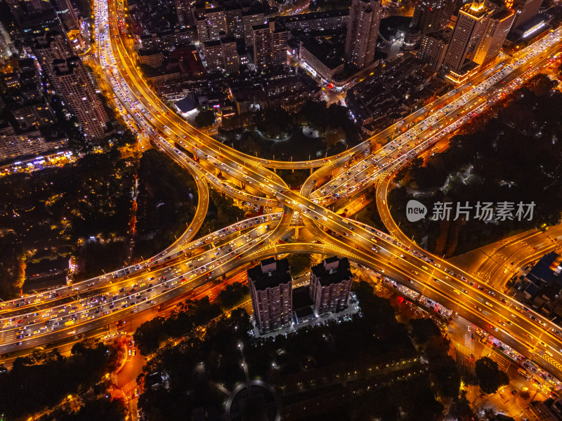 航拍俯瞰上海延安立交夜景