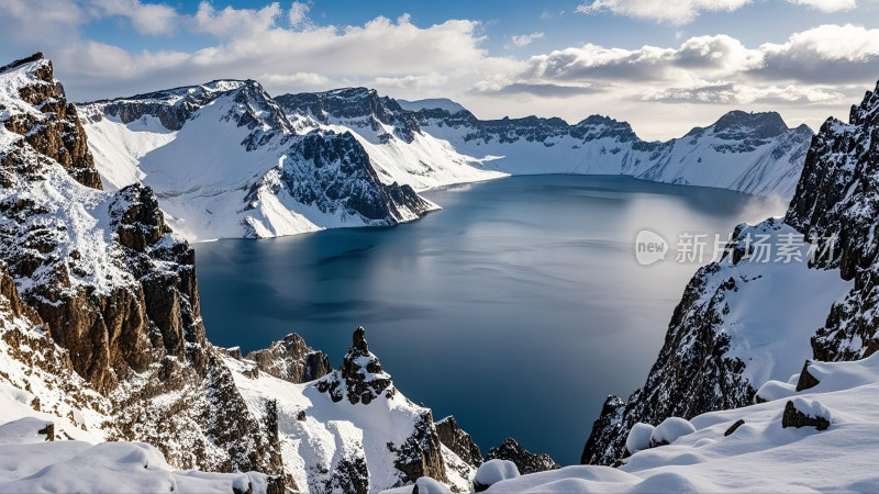 冬季雪山环绕的湖泊景观天池风光