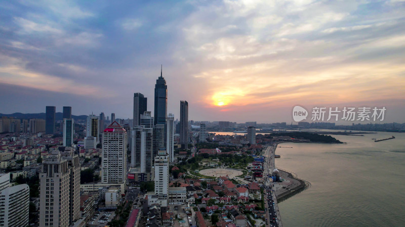 山东烟台海边城市日落晚霞航拍