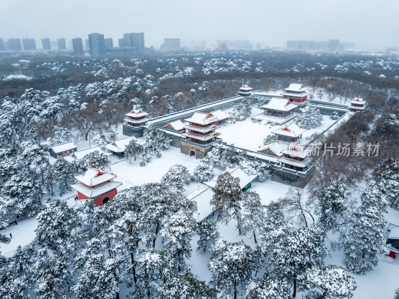 辽宁沈阳北陵公园清昭陵大雪中古建筑航拍